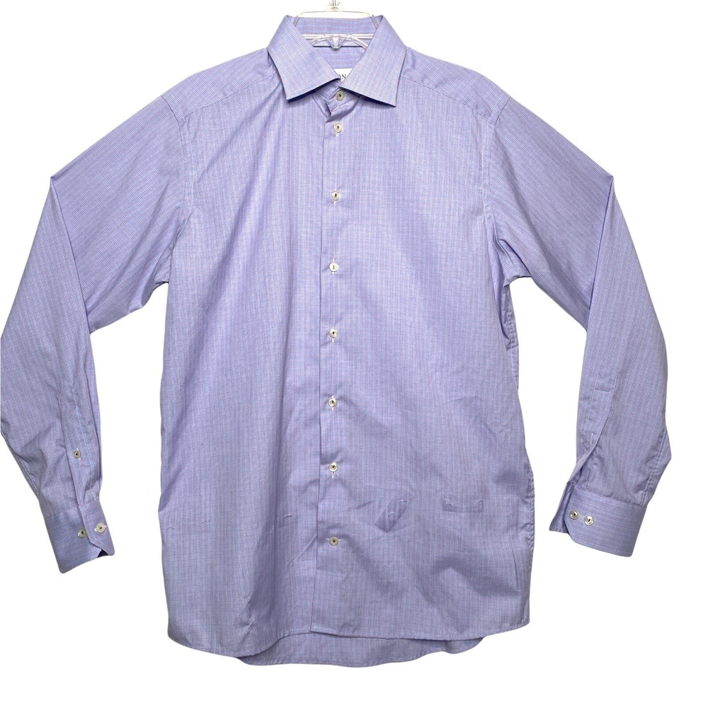 Eton Shirt‎ Mens Medium 15.5 Blue Purple Micro Plaid Tailored Fit Dress Flaw